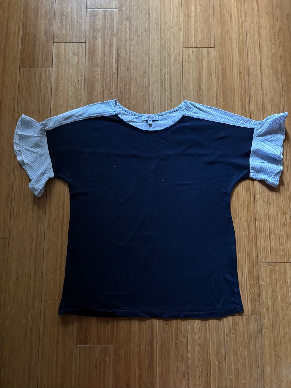 Warehouse Navy Top with Light Blue Striped Ruffle Trim